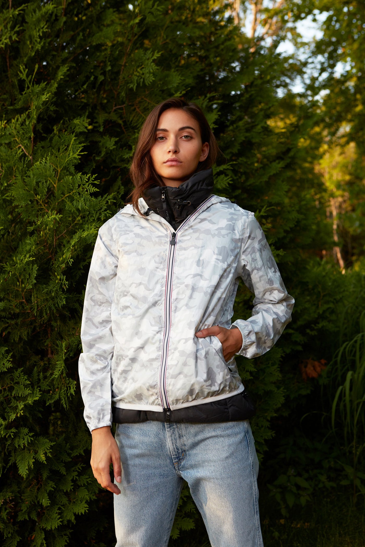 White Camo Full Zip packable rain jacket and windbreaker