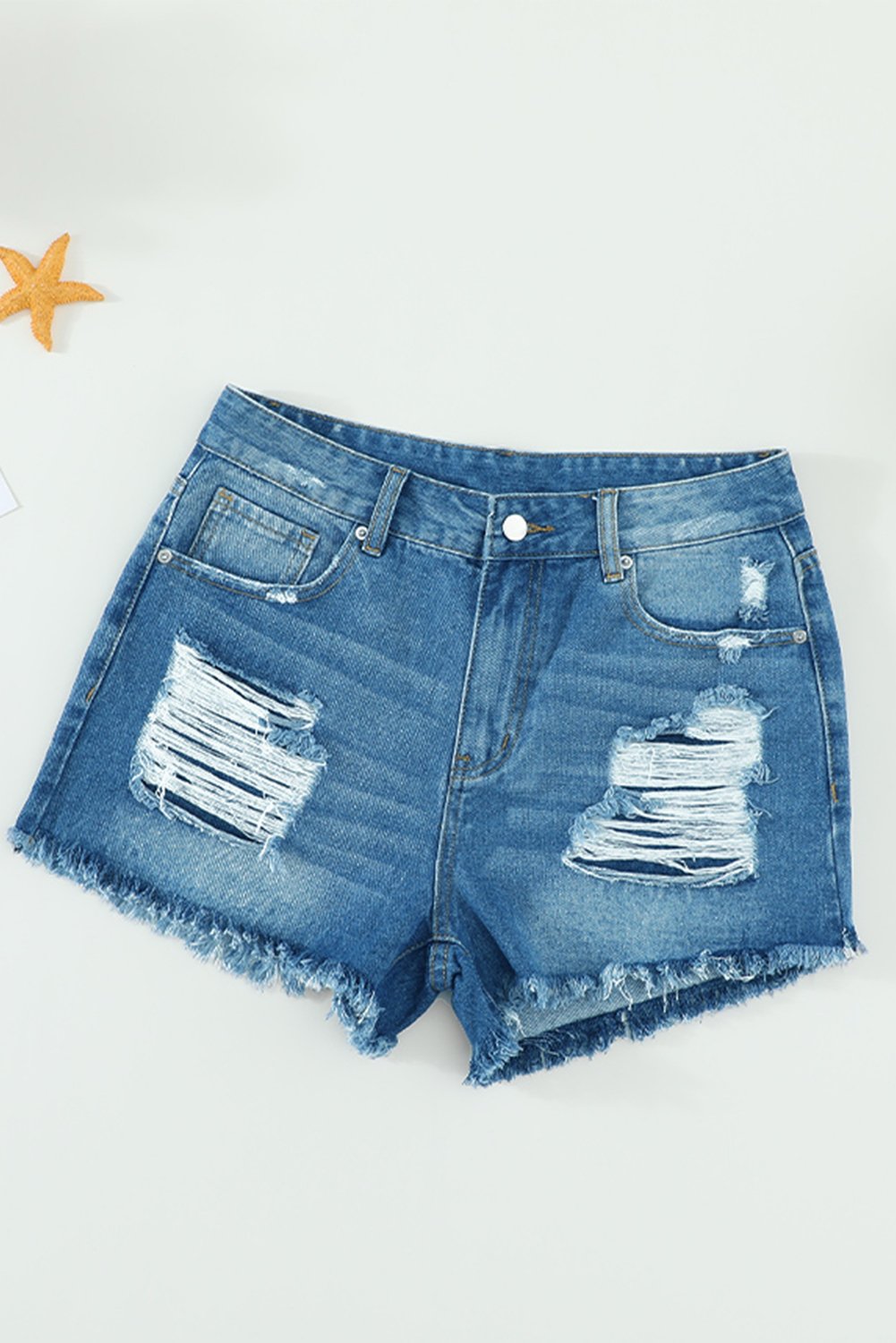 Distressed Mid Rise Frayed Hem Denim Shorts