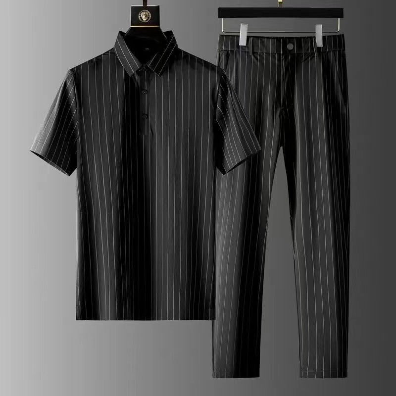 Men's Ice Silk Stripes Casual Short Sleeve Trousers Suit