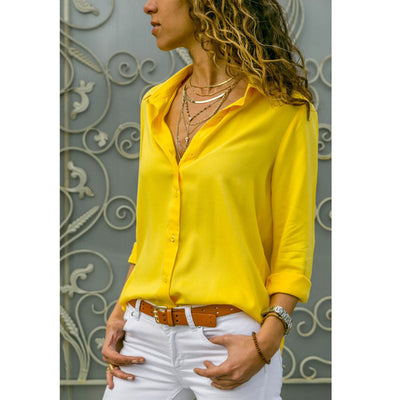 New Women's Solid Color Deep V Button Women's Long Sleeved Shirt