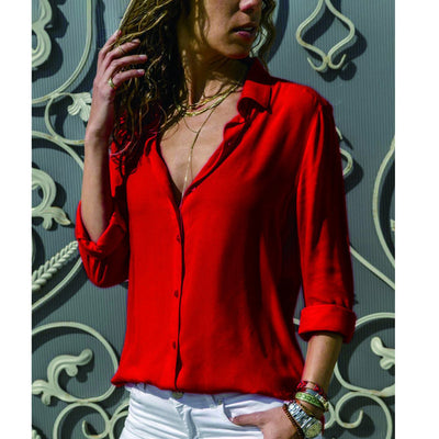 New Women's Solid Color Deep V Button Women's Long Sleeved Shirt