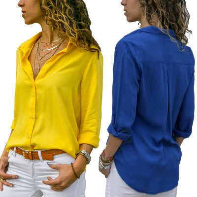 New Women's Solid Color Deep V Button Women's Long Sleeved Shirt