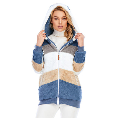 Women's New Autumn And Winter Loose Plush Multicolor Hooded Jacket