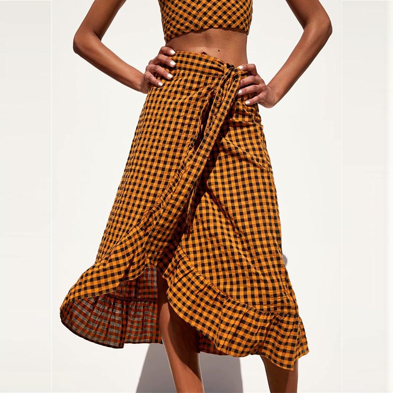 Elegant yellow plaid ruffle midi skirt Women high waist bow