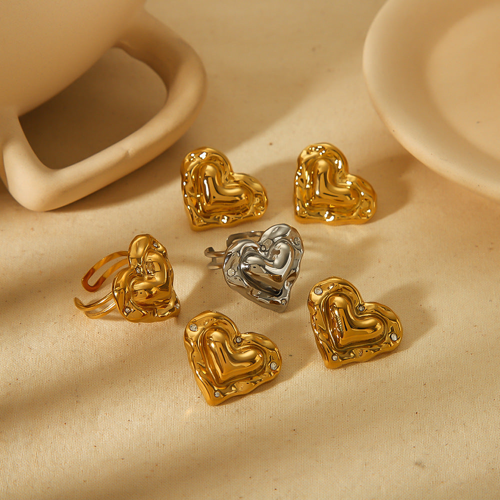 Love Heart-shaped Stainless Steel 18K Gold Does Not Fade Ear Stud And Ring