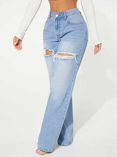 SHEIN SXY Single Button Cut Out Ripped Frayed Wide Leg Jeans