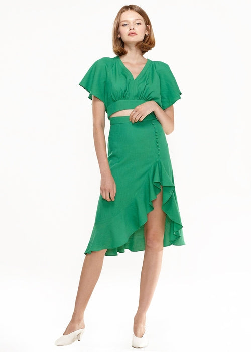 Women's Asymmetrical Hem Button Front Skirt in Kelly Green