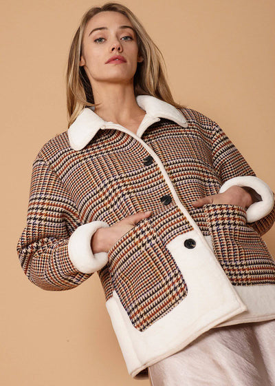 Women's Plaid Fur Jacket in Rust Houndstooth