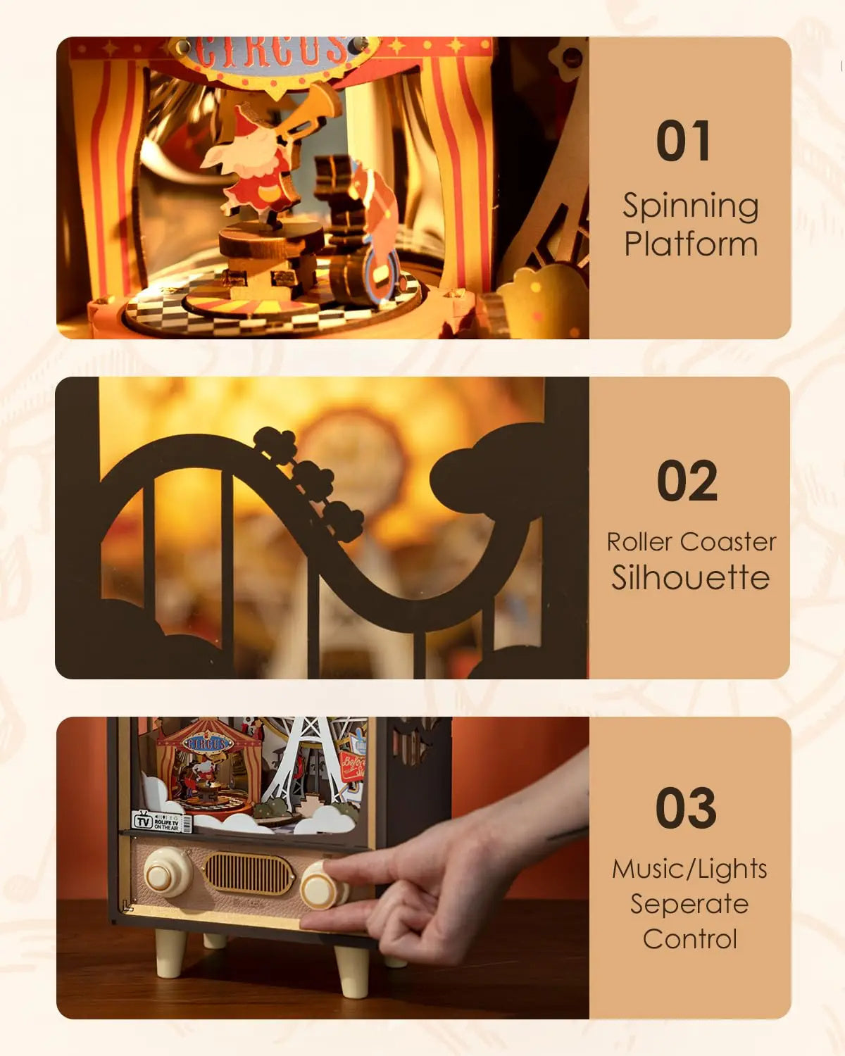 Robotime Rolife Sunset Carnival Music Boxes With Lights For Kids Adults Home Decoration Luxurious Design 3D Wooden Puzzle Toys