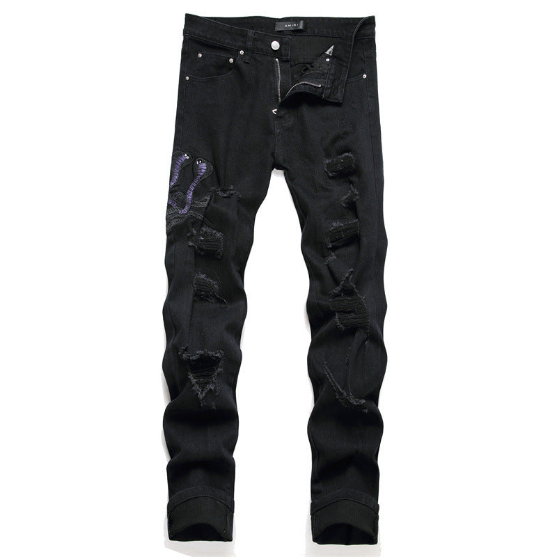 Black Ripped Embroidered Cobra Stretch Skinny Men's