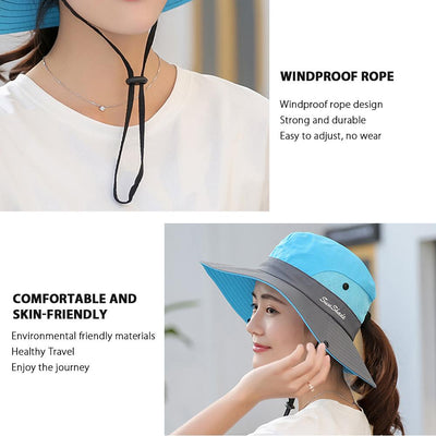 Womens UV Protection Wide Brim Sun Hats Cooling Mesh Ponytail Hole Cap