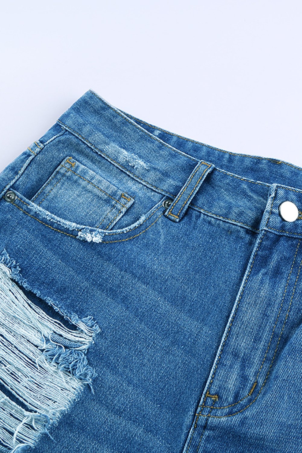 Distressed Mid Rise Frayed Hem Denim Shorts