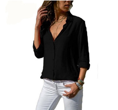 New Women's Solid Color Deep V Button Women's Long Sleeved Shirt