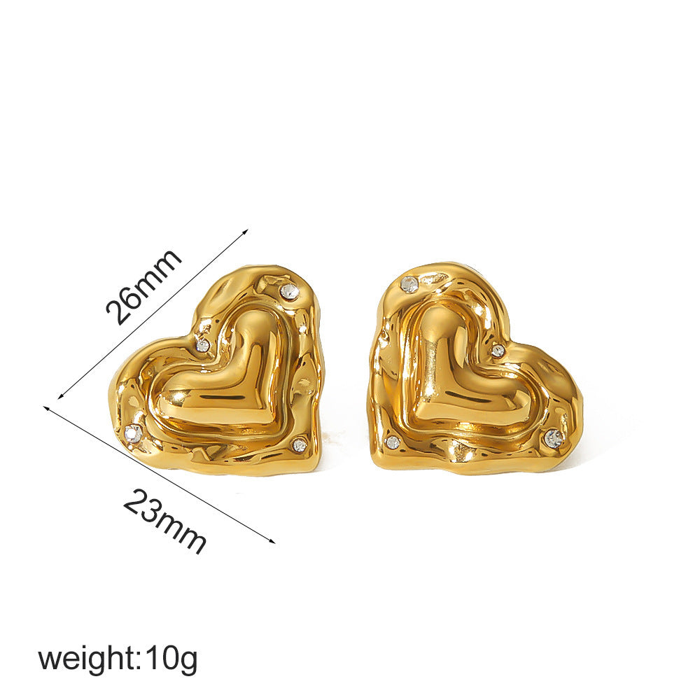 Love Heart-shaped Stainless Steel 18K Gold Does Not Fade Ear Stud And Ring