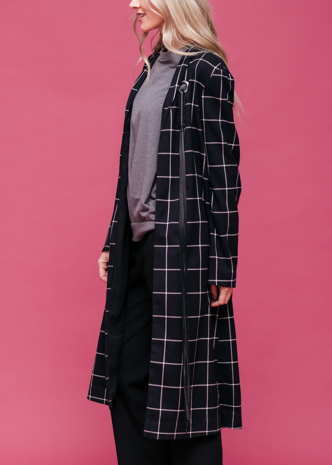 Women's Minimalist Grid Longline Coat In Black