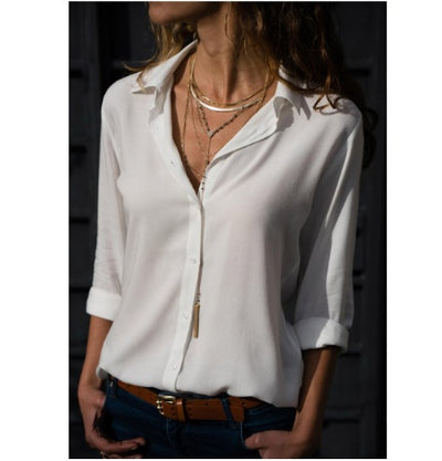 New Women's Solid Color Deep V Button Women's Long Sleeved Shirt