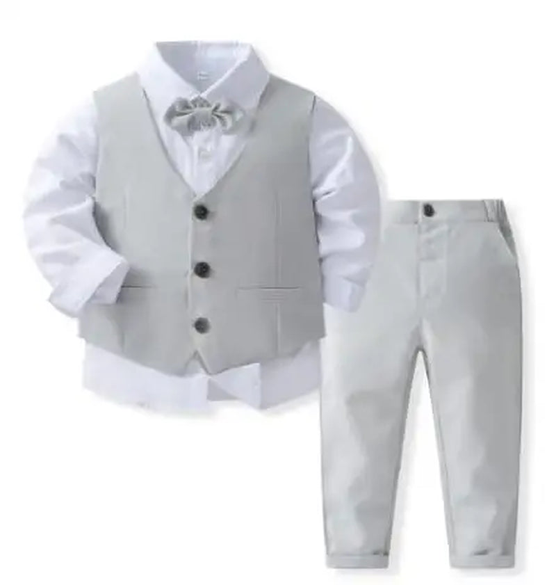 Gentleman Outfits Birthday Costume for Boy Children Spring Autumn Boutique Clothing Set Solid Vest Suit Kids Cotton Formal Wears