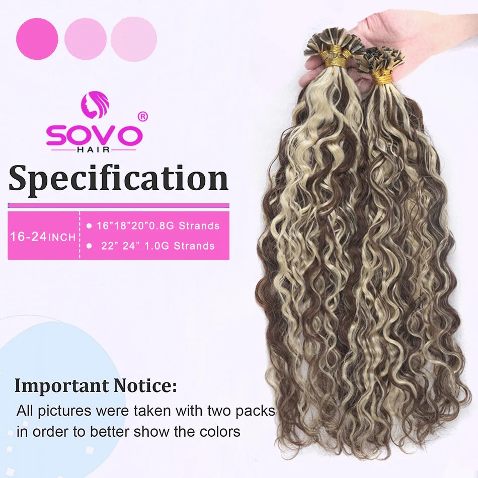 SOVO V Tip Hair Extensions Water Wave Hot Fusion Vtip Ombre Medium