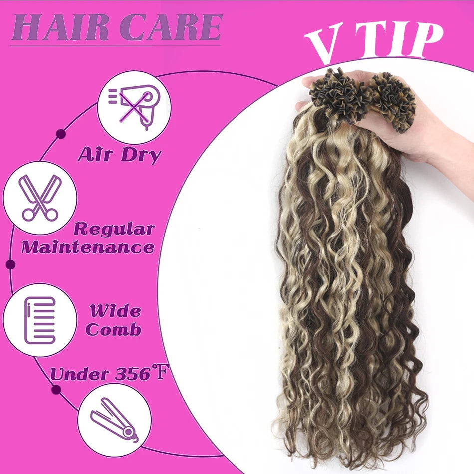 SOVO V Tip Hair Extensions Water Wave Hot Fusion Vtip Ombre Medium