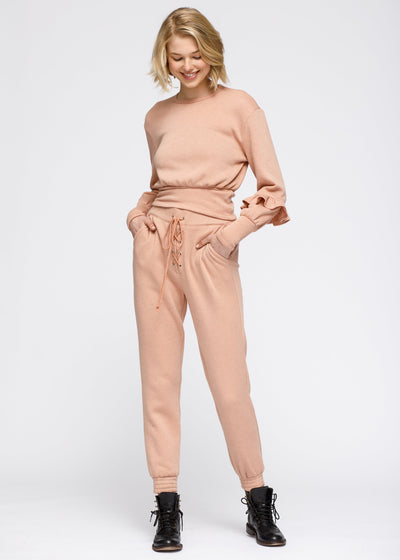 Crewneck Ruffle Sleeve Peplum Sweatshirt In Peach