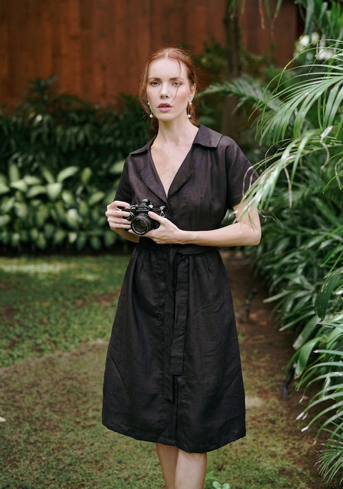 ARYA Safari Linen Midi Dress, in Black