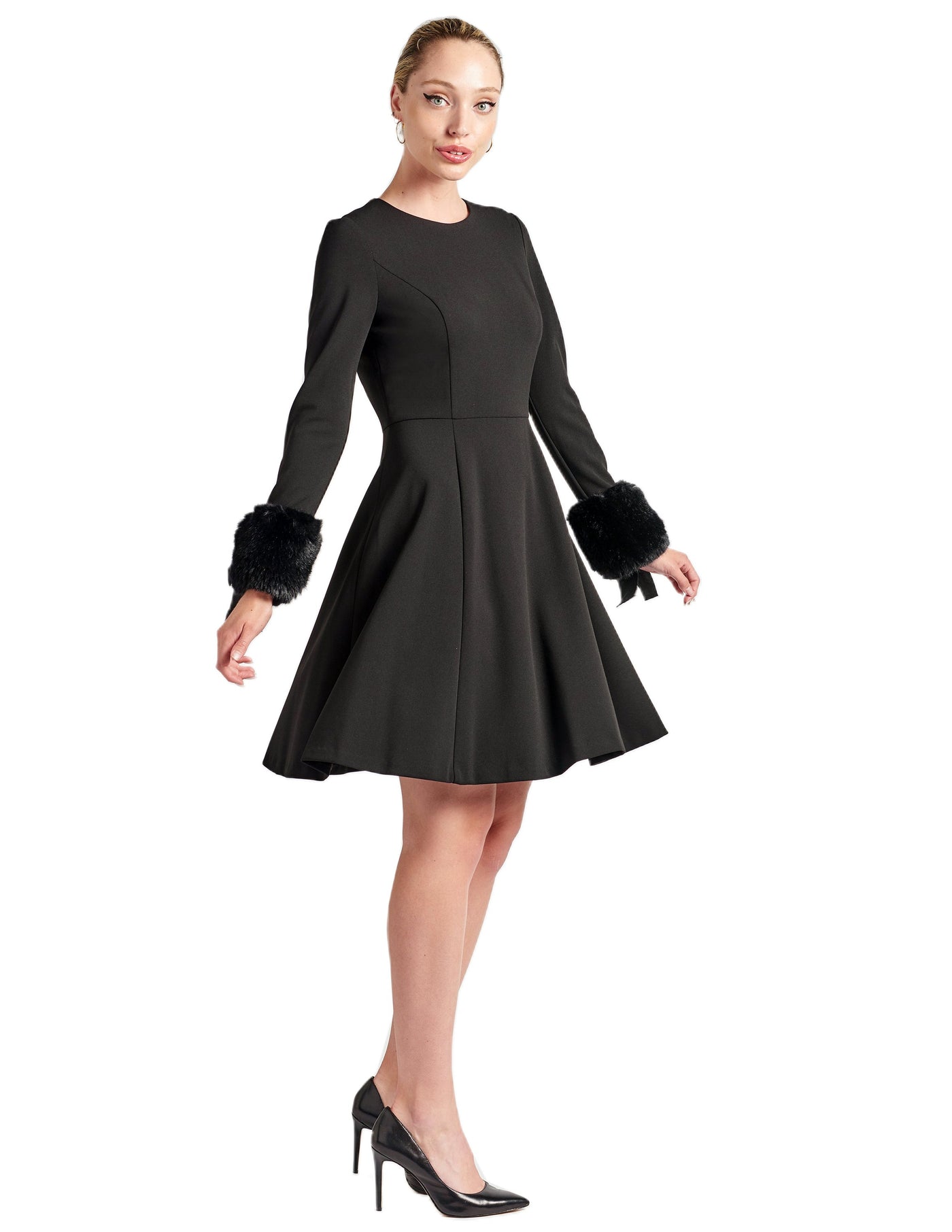 Caroline Dress - Crepe fit & flare dress with faux fur cuffs