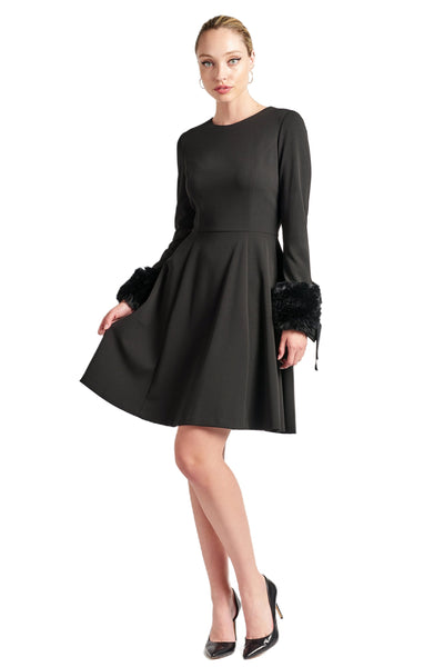 Caroline Dress - Crepe fit & flare dress with faux fur cuffs