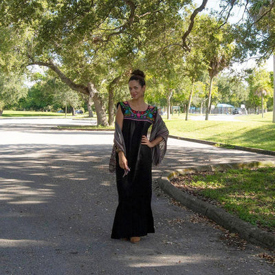 Maxi Isidra, Black Dress Hand embroidered with Colorful Flowers.