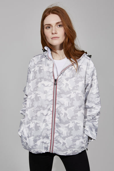 White Camo Full Zip packable rain jacket and windbreaker