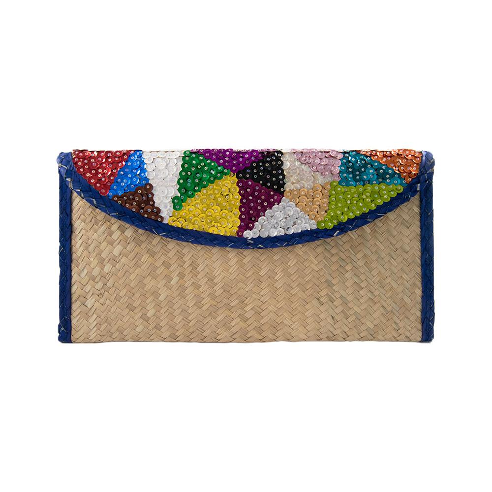 Hand woven Clutch Bag With Embroidery Triangles with Blue Trim.