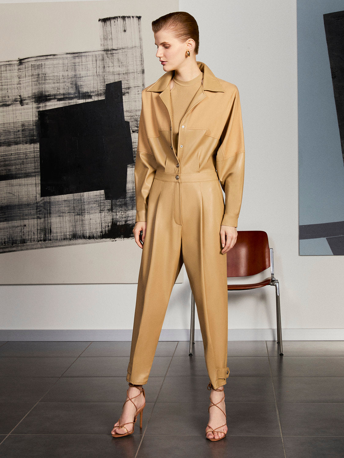 Lapel Collar Faux Leather Jumpsuit