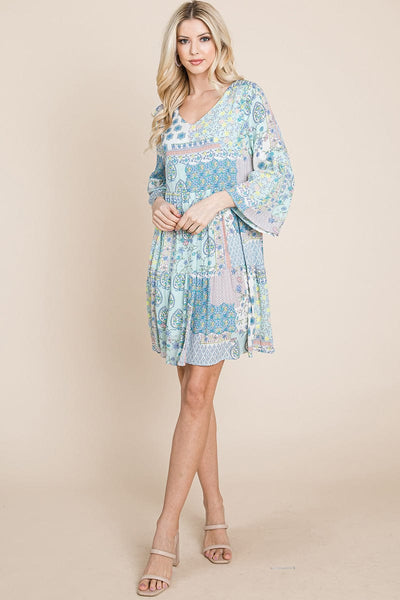 3/4 Sleeve Pleated Floral Flowy Boho swing dresses