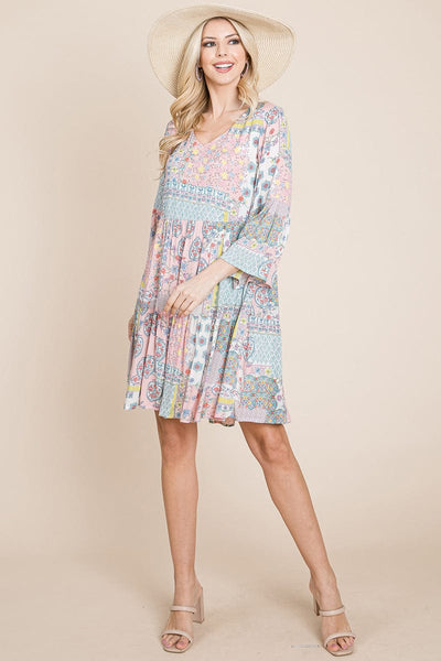 3/4 Sleeve Pleated Floral Flowy Boho swing dresses