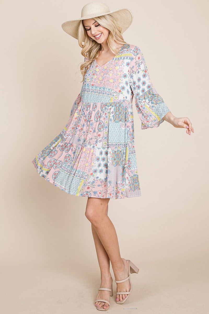 3/4 Sleeve Pleated Floral Flowy Boho swing dresses