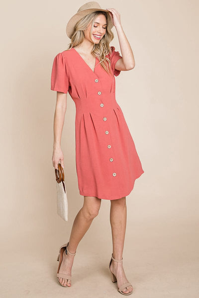 Button Down Solid Pleated Shirt Dress