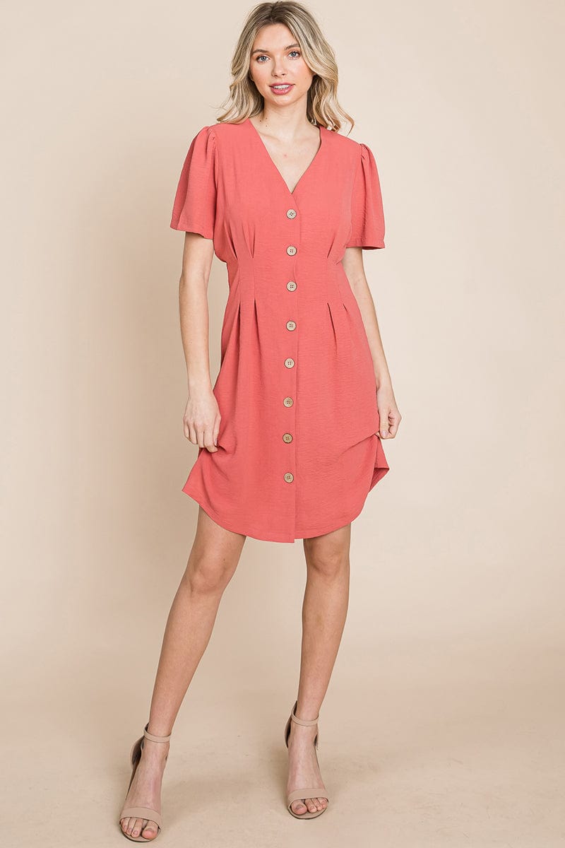 Button Down Solid Pleated Shirt Dress