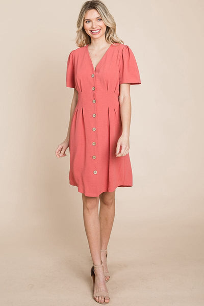 Button Down Solid Pleated Shirt Dress