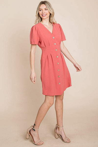 Button Down Solid Pleated Shirt Dress