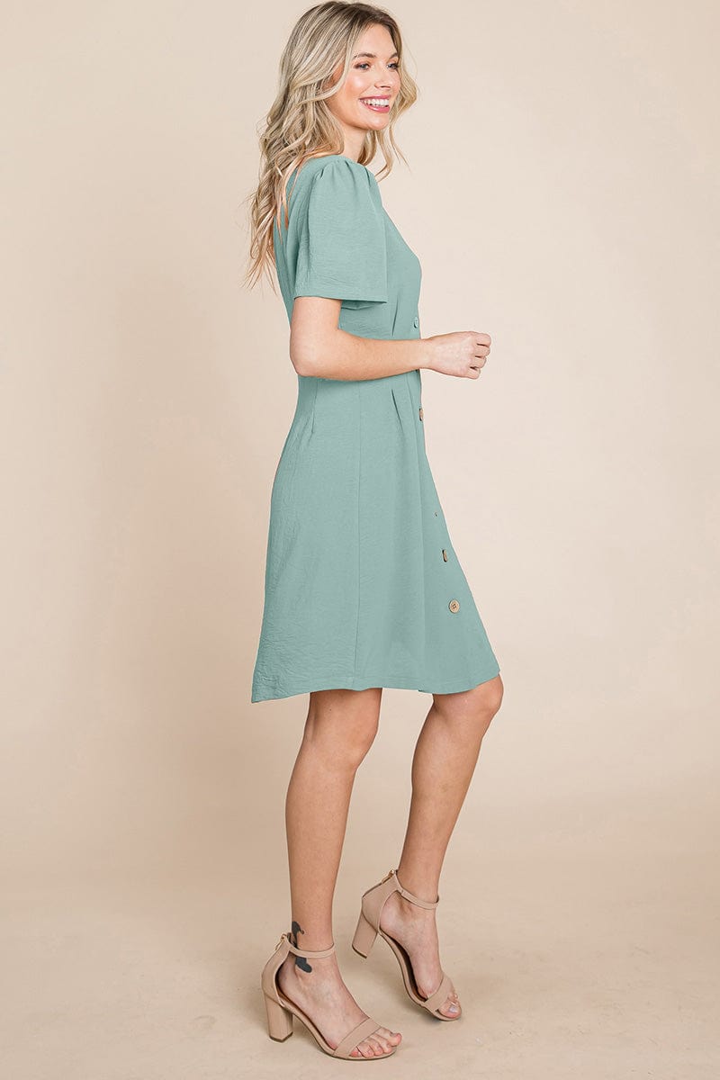 Button Down Solid Pleated Shirt Dress