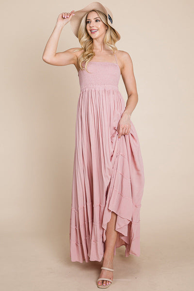 Smocked Flowy Boho Pleated Backless Maxi Dress