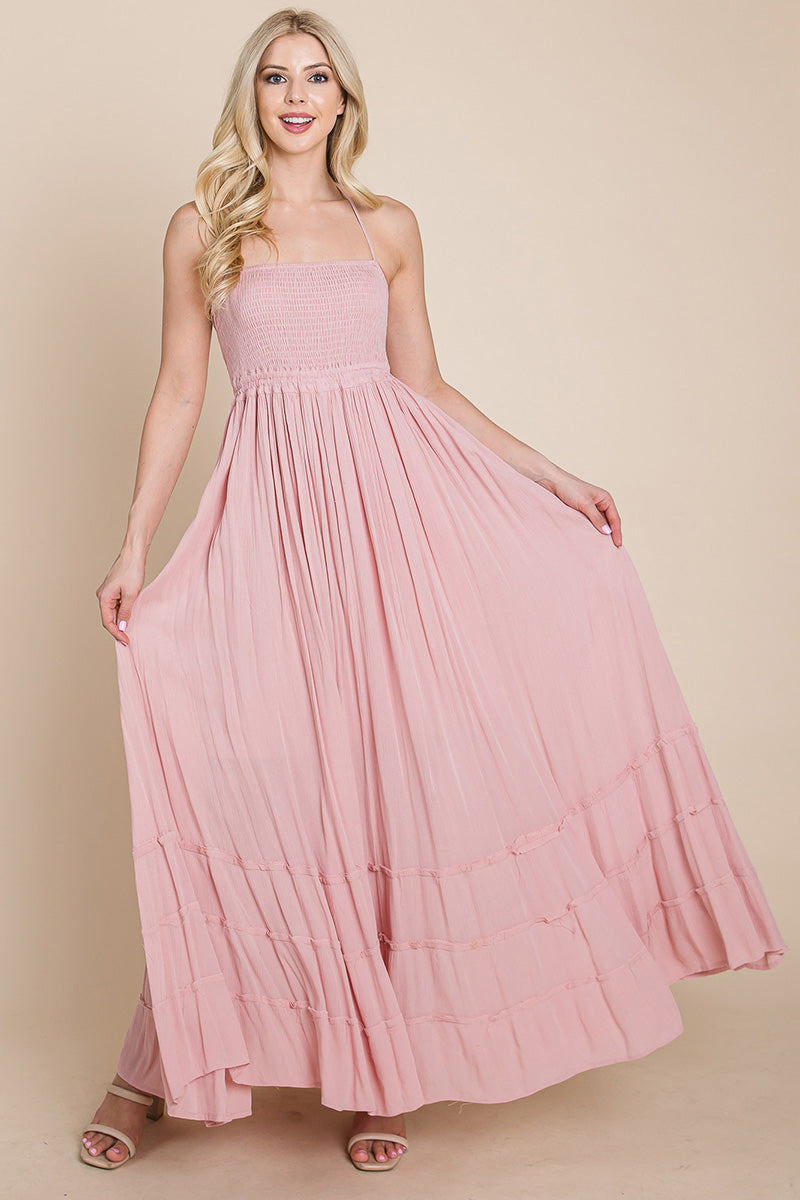 Smocked Flowy Boho Pleated Backless Maxi Dress