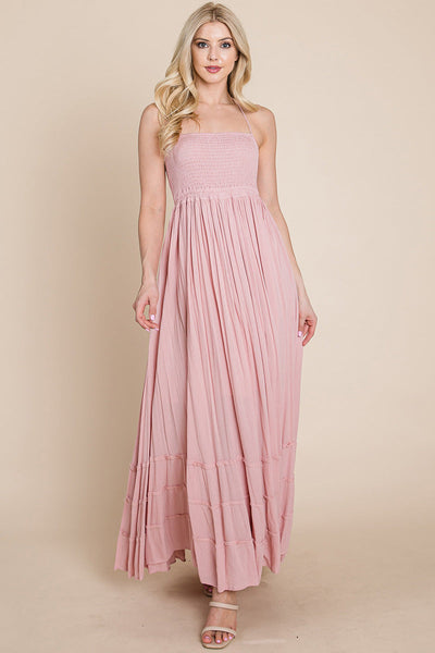 Smocked Flowy Boho Pleated Backless Maxi Dress