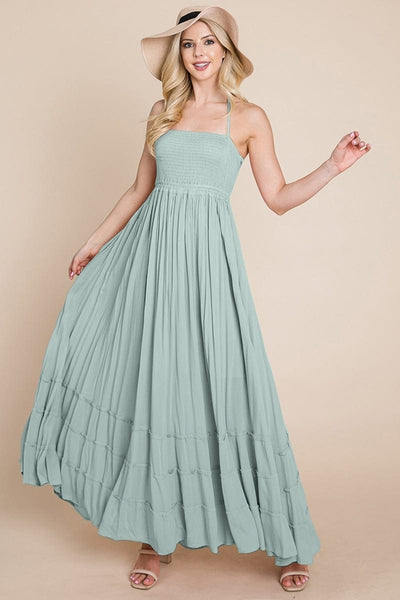 Smocked Flowy Boho Pleated Backless Maxi Dress