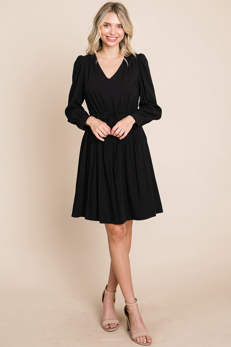 Long Sleeve Tiered Waist String Ruched Dress