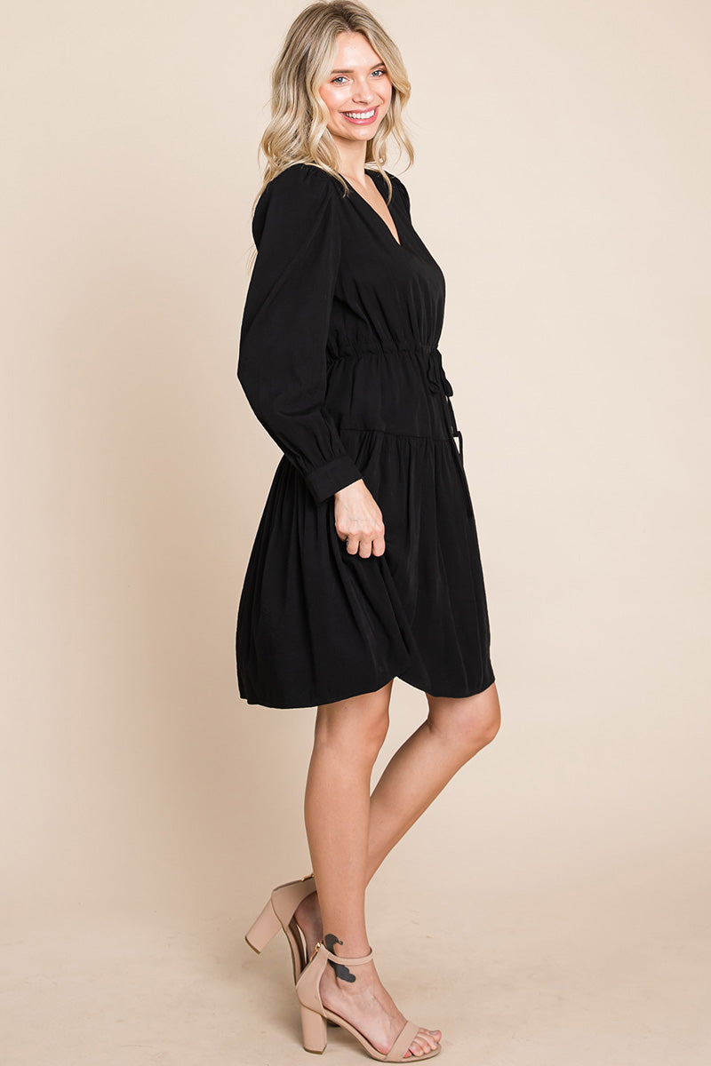 Long Sleeve Tiered Waist String Ruched Dress