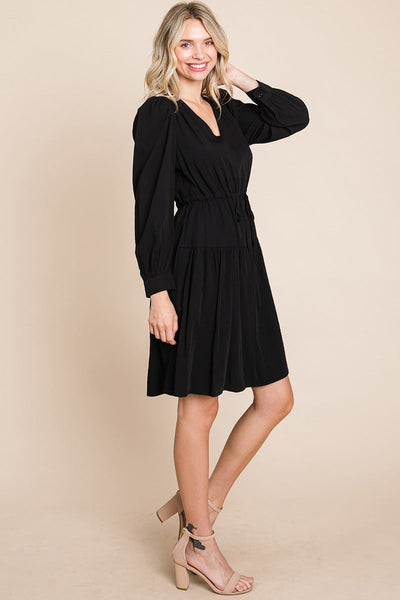 Long Sleeve Tiered Waist String Ruched Dress