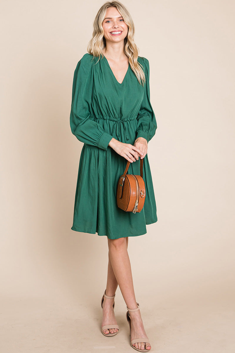 Long Sleeve Tiered Waist String Ruched Dress