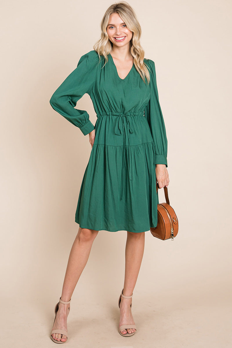 Long Sleeve Tiered Waist String Ruched Dress