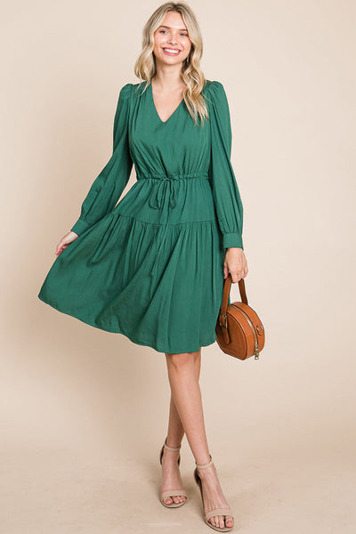 Long Sleeve Tiered Waist String Ruched Dress