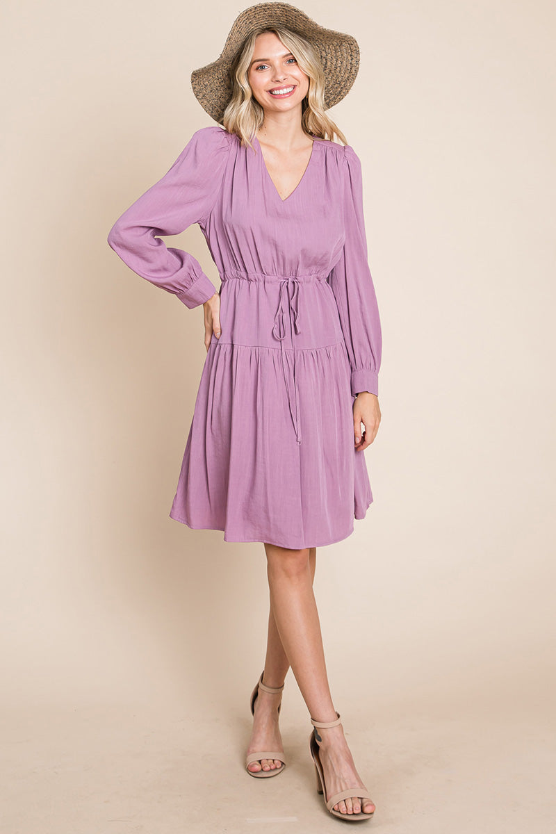 Long Sleeve Tiered Waist String Ruched Dress